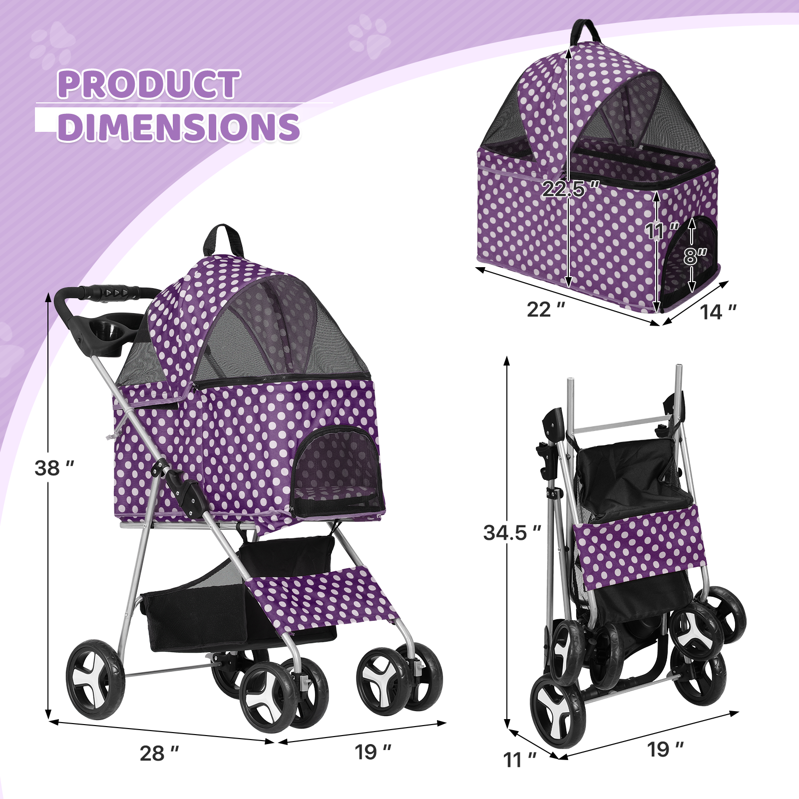 Pet Stroller 4 Wheels,3-in-1 Foldable Dog Stroller w/Storage Basket&Cup Holder