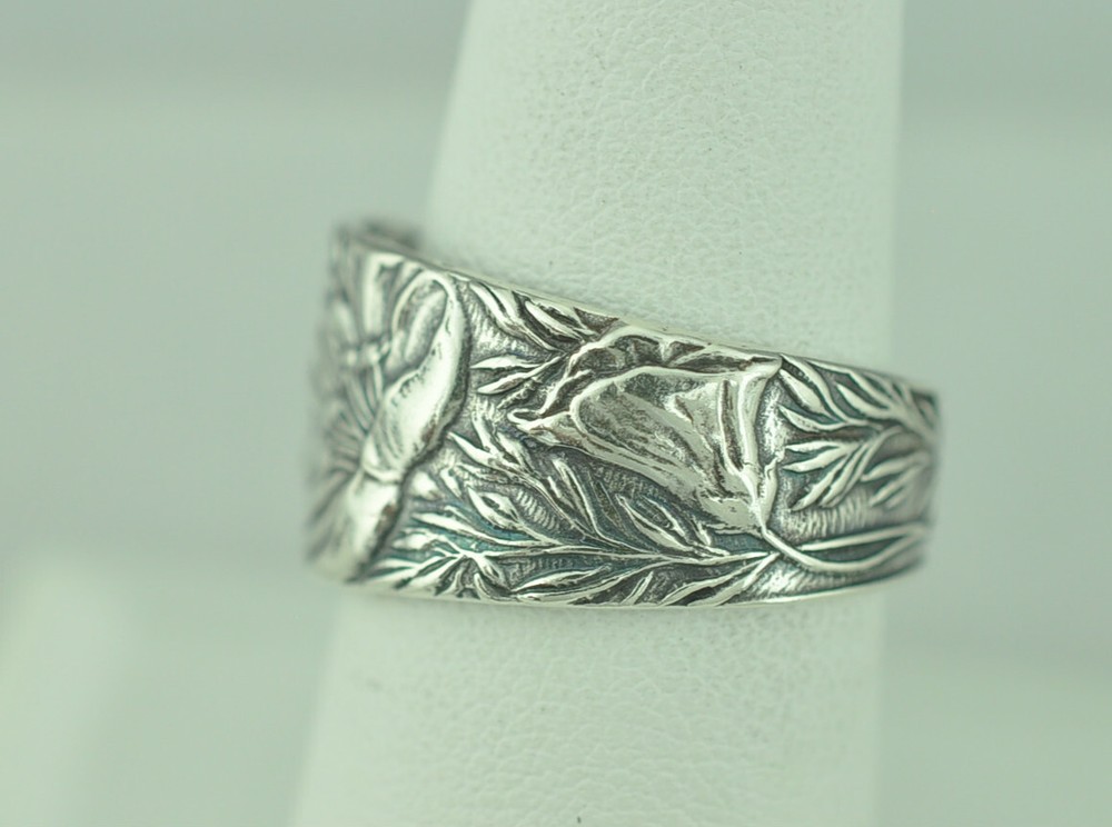Solid 925 Sterling Silver Poppy Flower Floral Adjustable Spoon Ring