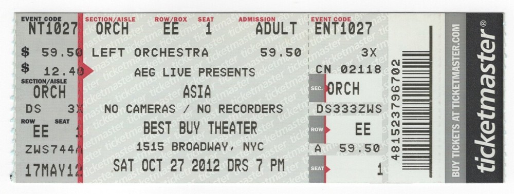 Asia the band 10/27/12 New York City NY Best Buy Theater Ticket! All 4 Orig!