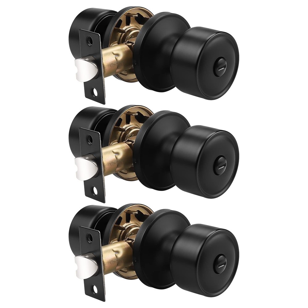 knobelite 3 Pack Door Knobs Privacy Function Keyless Lock Black Interior Roun...