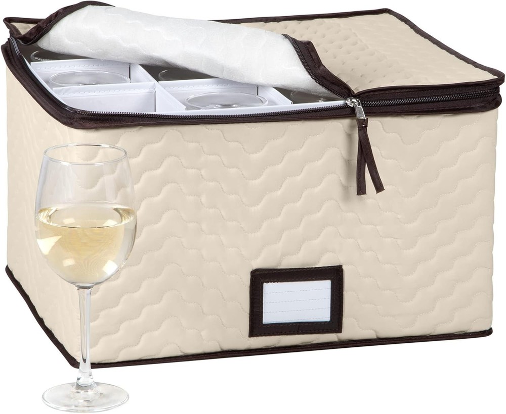 Elegant Stemware Storage Box - Quilted Microfiber, 12 Glass Capacity, Stackable