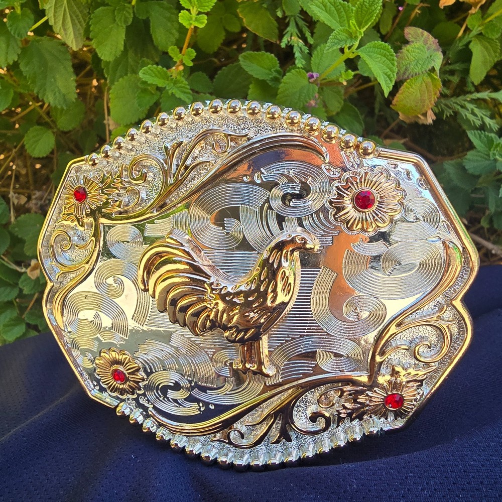 Rooster Belt Buckle With Red Ruby Stones