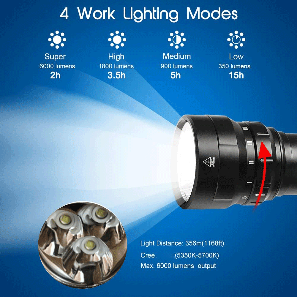 Powerful 3* LED Scuba Diving Flashlight Diver Light Underwater Torch Lamp