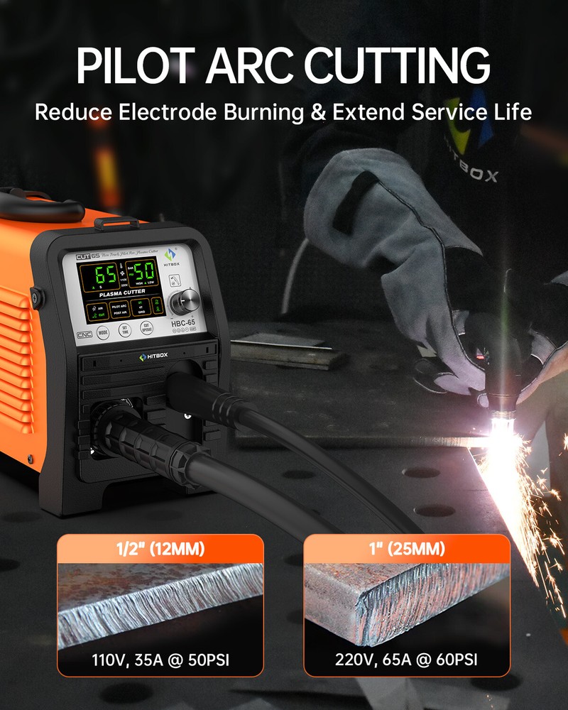 Hitbox 65A No-Touch Pilot Arc Digital Plasma Cutter Dual Voltage Cutting Machine