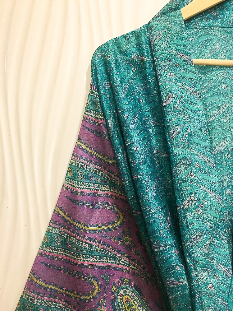 Pure Silk Blue/Green kimono Long Robe Gown Woman Silk Robe Kimono KMO5575