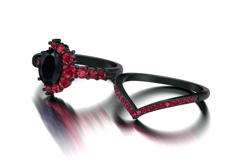 Luxurious Black Onyx & Ruby Gemstone 925 Silver Ring Band Set