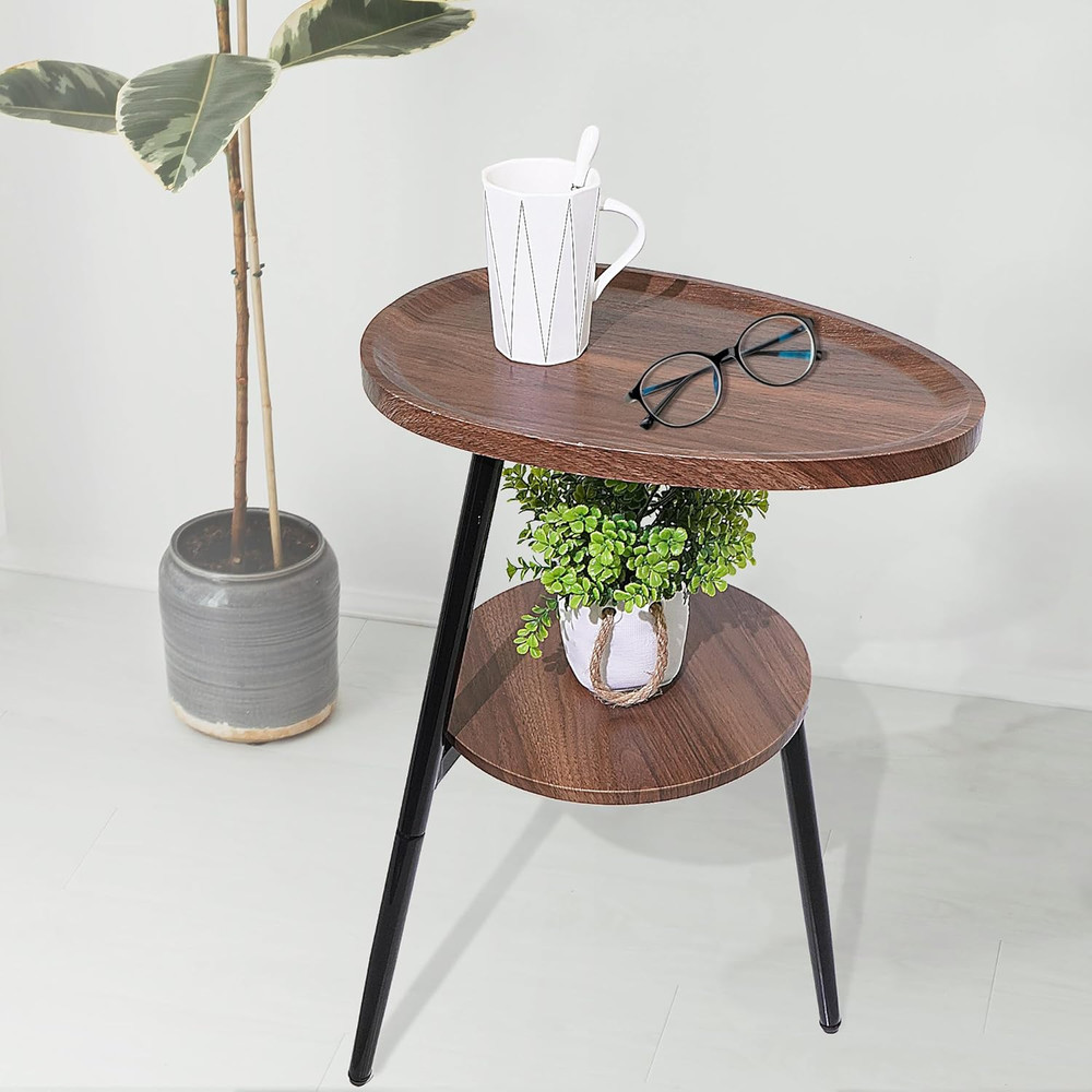 Small Oval Side Table with 2 Tier Storage - Rustic Brown Wood End Table with Met