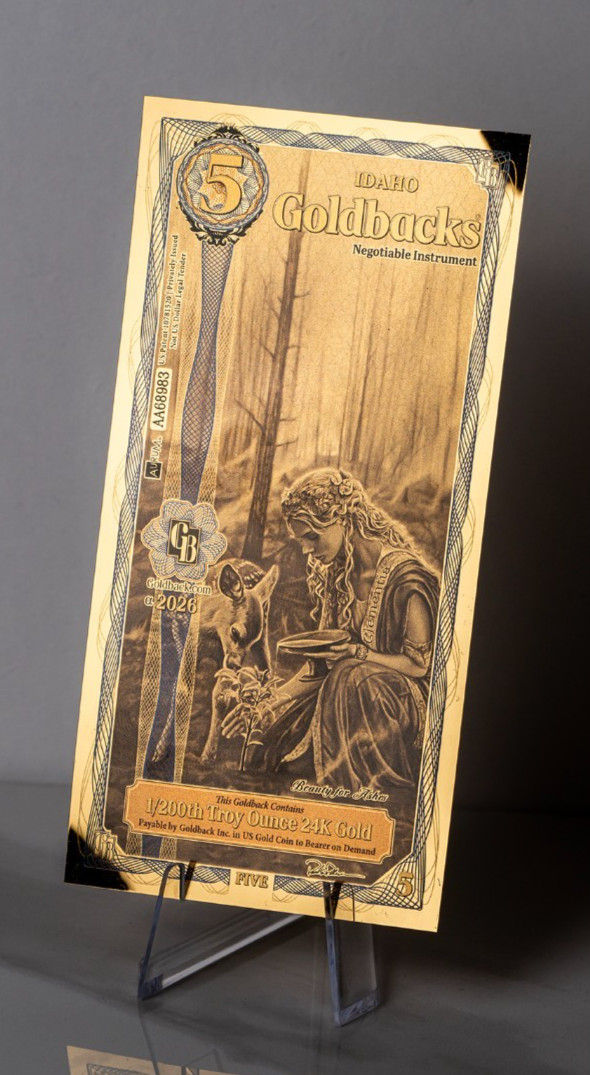 2026 - 5 IDAHO Goldback Aurum Gold Foil Note 1/200 oz 24kt .999 Fine PRESALE