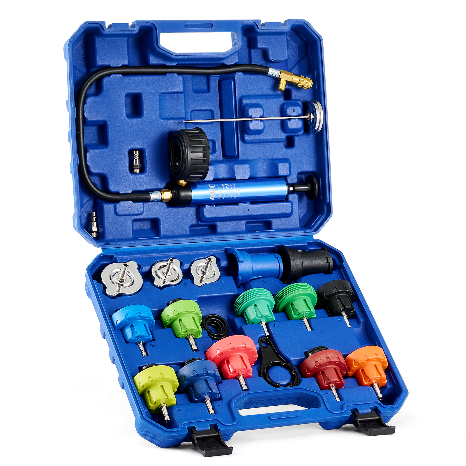 OMT 19pc. Coolant Pressure Tester Kit with 15 Radiator Adapters & Vacuum Pump
