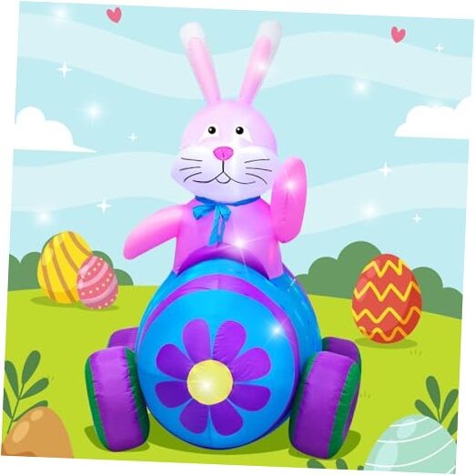 4Ft Easter Inflatables Bunny Decorations with LED 4ft Bunny Driving Car