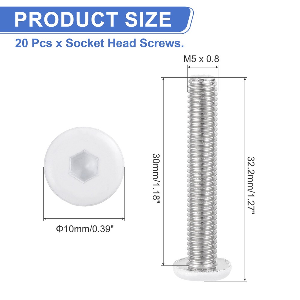 20 Pcs M5-0.8 x 30mm Button Head Hex Socket Head Screws, White