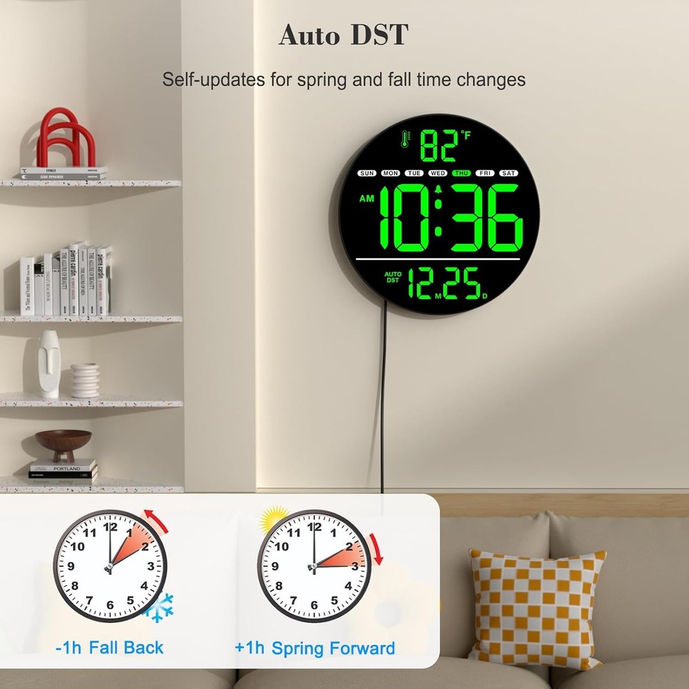 Large Digital Wall Clock with LED Display, Electric Wall Clock with Temperature,