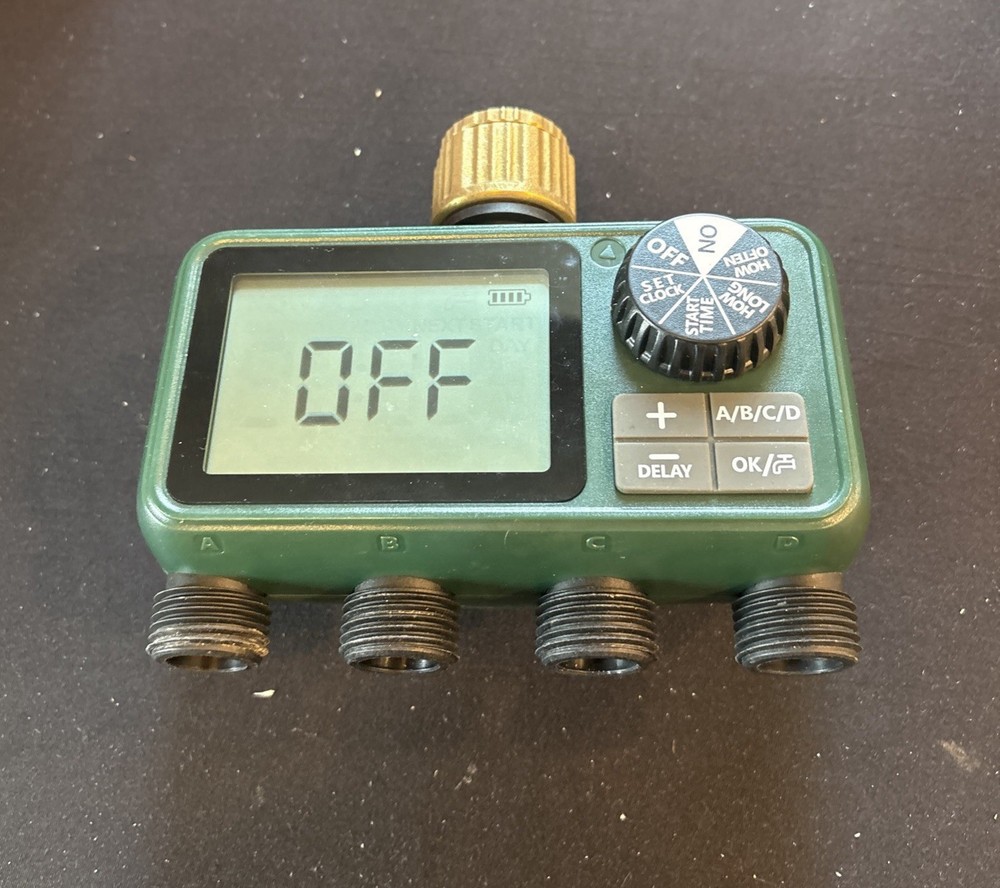 4 Outlet Sprinkler Timer Brass, Programmable Garden Hose Timer with Rain Delay,