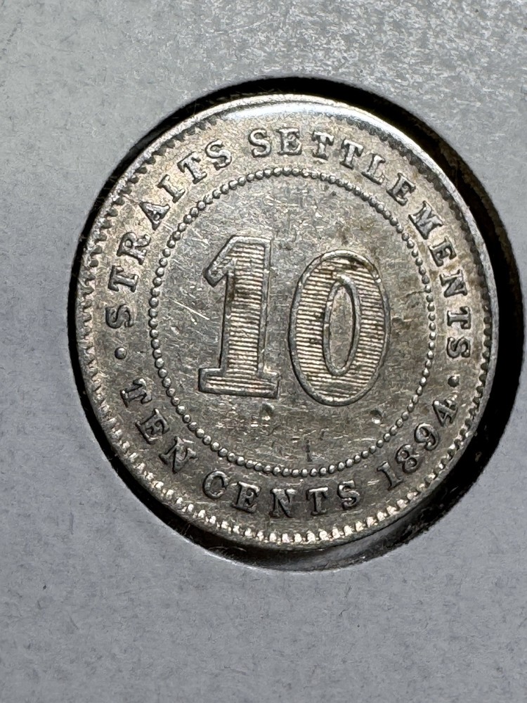 1894 Straits Settlement 10 Cents Silver Coin Cleaned
