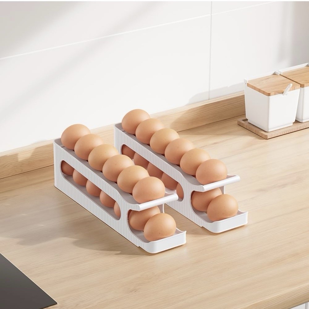 2-Tier Egg Holder for Fridge Auto Rolling Forward Slim Egg Storage Organizer