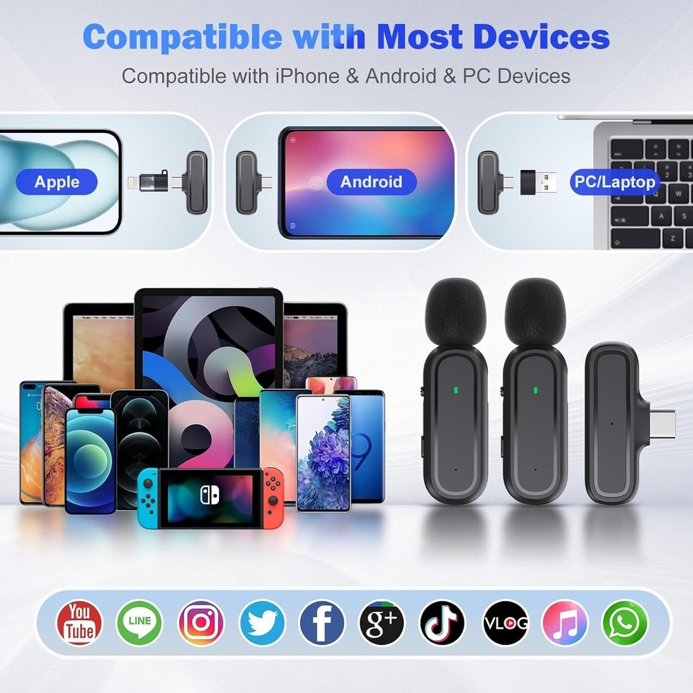 Professional Wireless Lavalier Mic for iPhone iPad Android PC Including Adapter