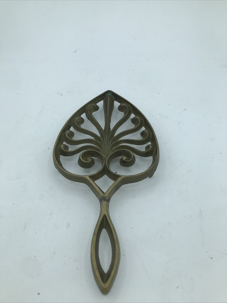 Vintage Solid Brass Hot Plate Trivet 8 3/4" x 4 3/4" Scroll Work Peacock Footed