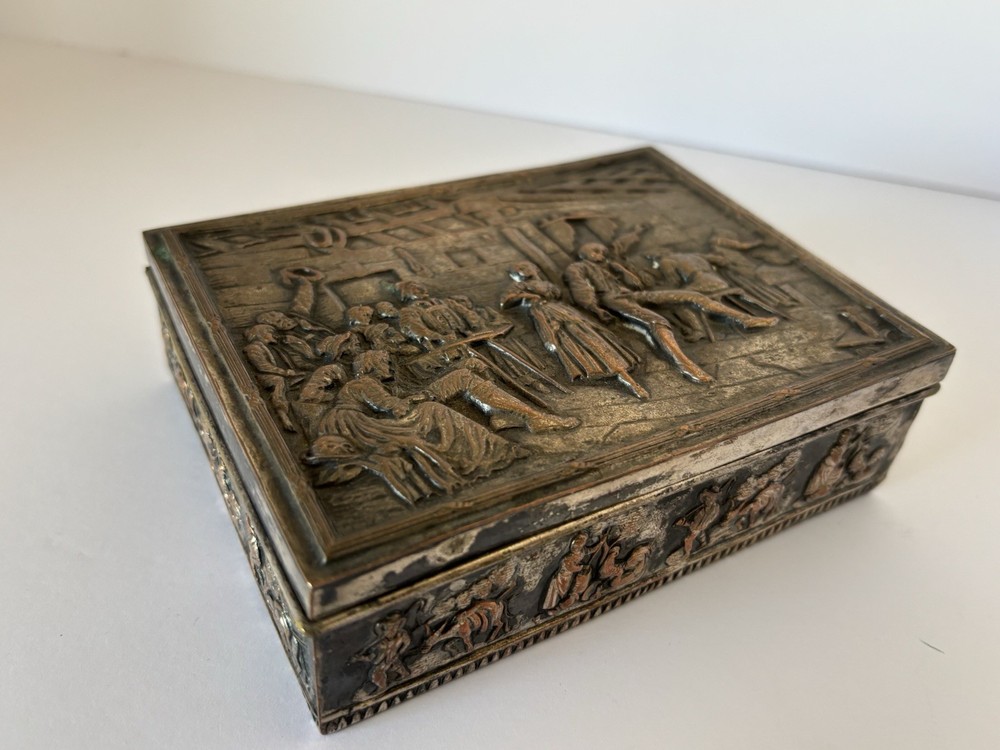 Antique E.G. Webster & Son Silverplate Cigarette Box Repoussé Tavern Scene
