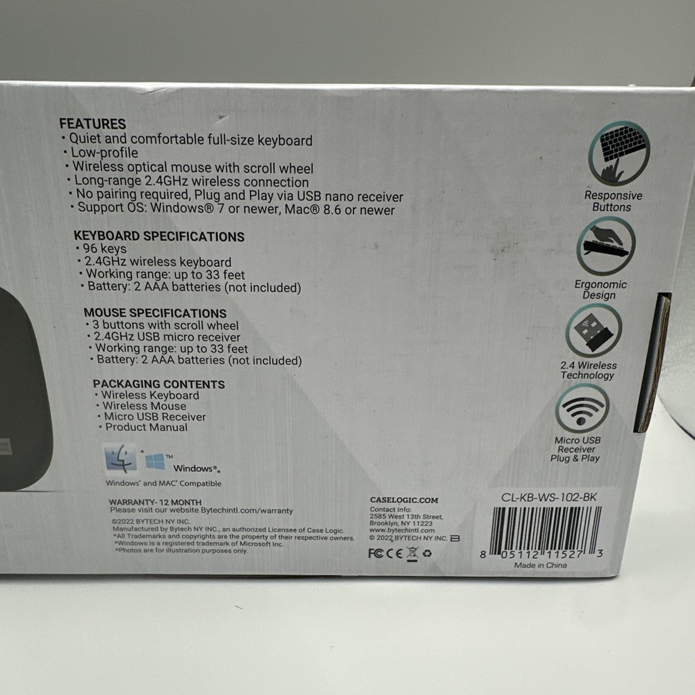 Case Logic Wireless Combo- Keyboard & Mouse - 2.4GHZ Black Slim Profile