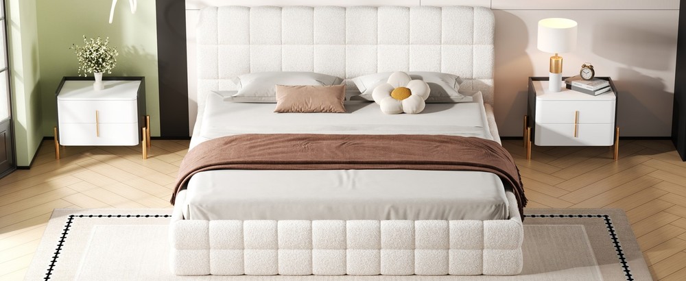 King Size Upholstered Platform Bed, White