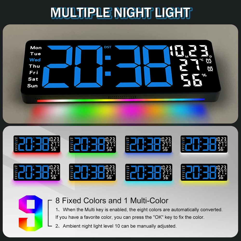 17.3" Large Digital Wall Clock, LED Digital Clock Large Display with Remote C...