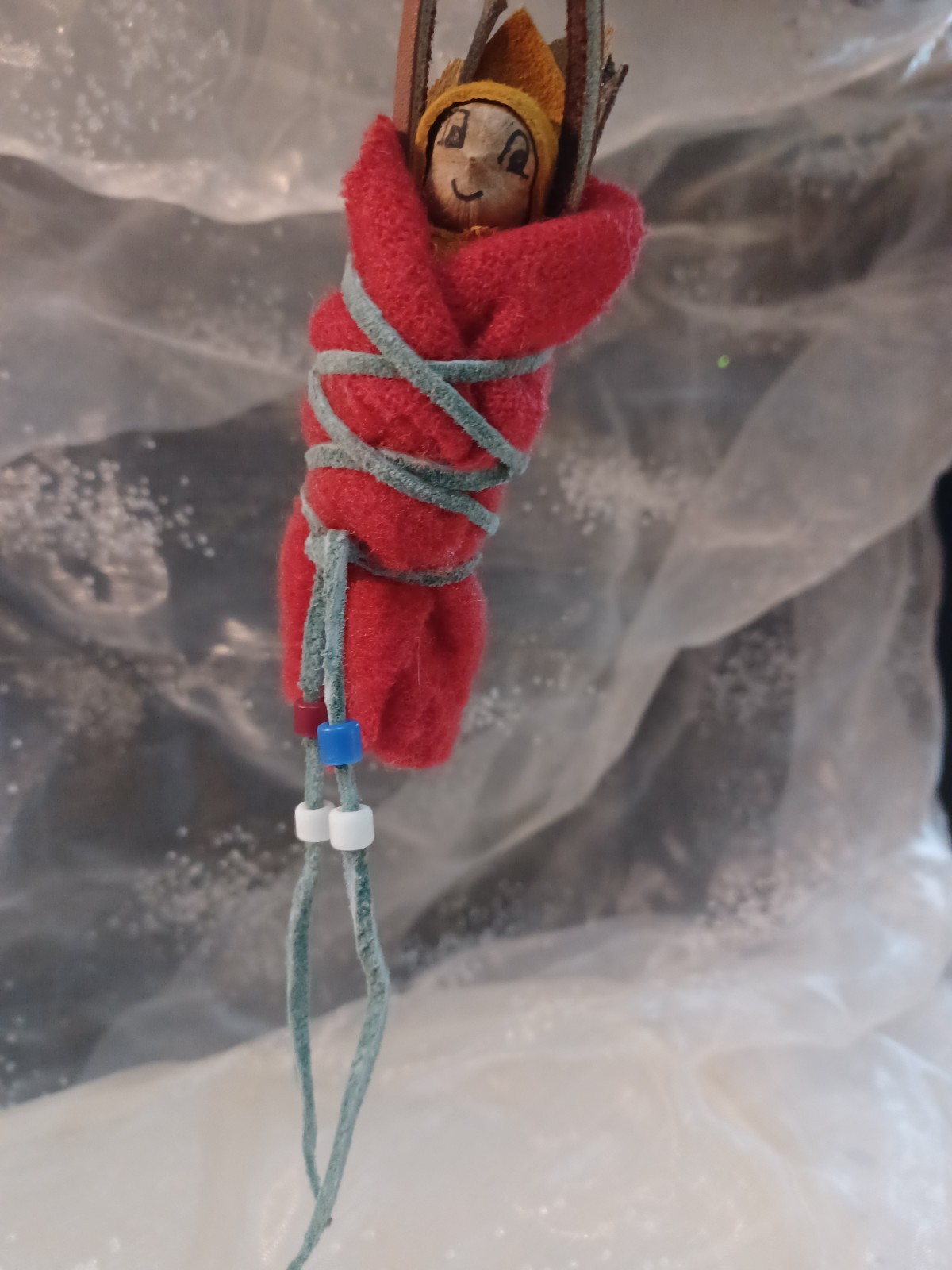 Primitive Hand Made Native American Baby In Papoose 4 Inches Leather