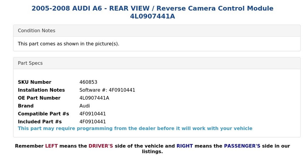 2005-2008 AUDI A6 - REAR VIEW / Reverse Camera Control Module 4L0907441A