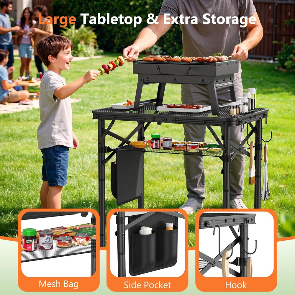 Folding Grill Table for Outside, 3 Height Adjustable Small Camping Table with Me