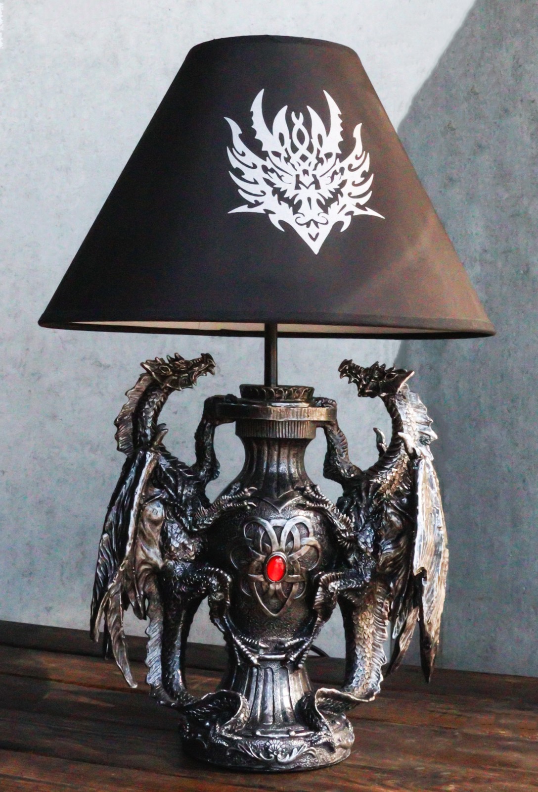 Ebros Gothic Climbing Dual Dragon Desktop Table Lamp Statue Decor & Shade 19"H