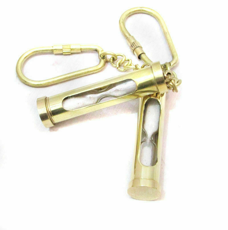 2 x Solid Brass Mini Maritime Sand Timer Key Chain Ring Nautical Pirate hourglas