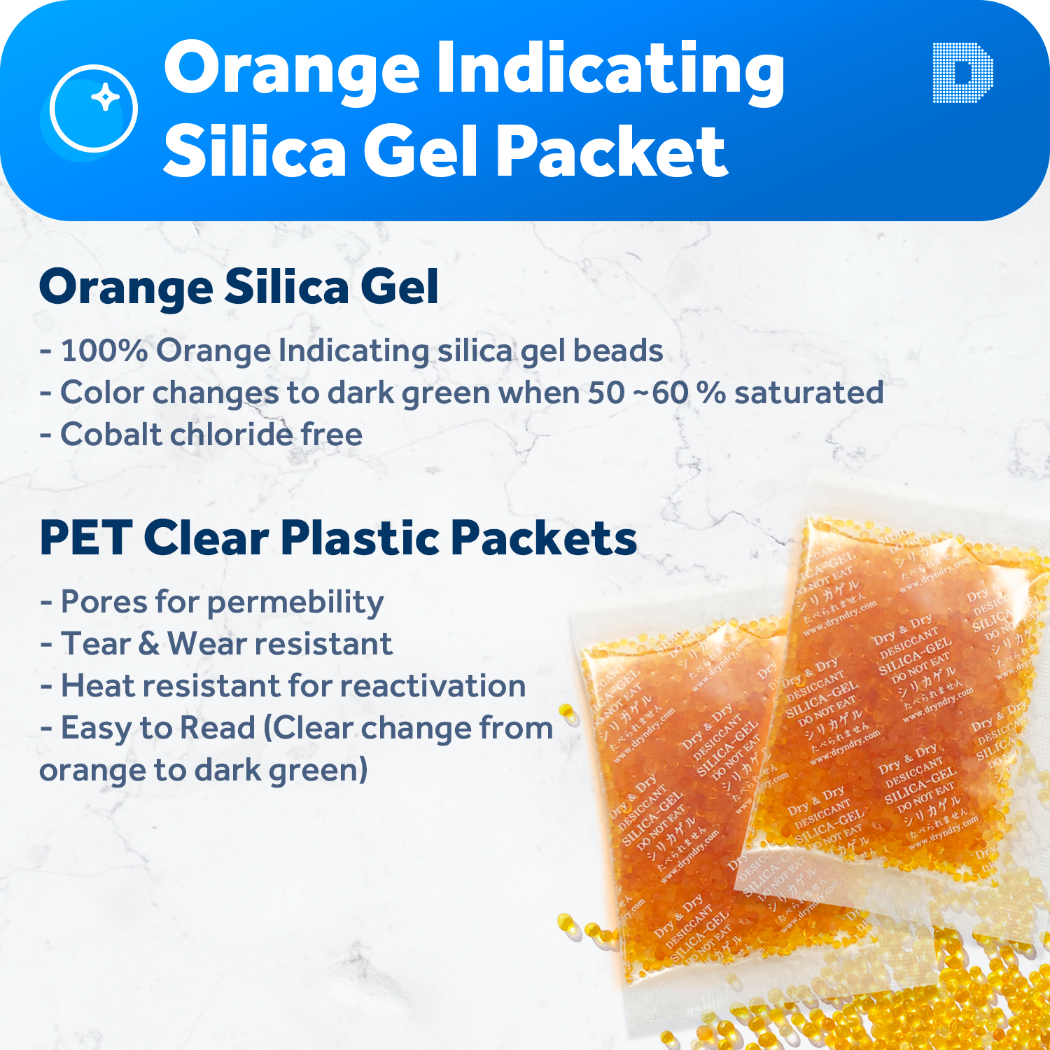 [12 Packs]20 Gram " Dry & Dry" Orange Indicating Silica Gel Packets - Reusable