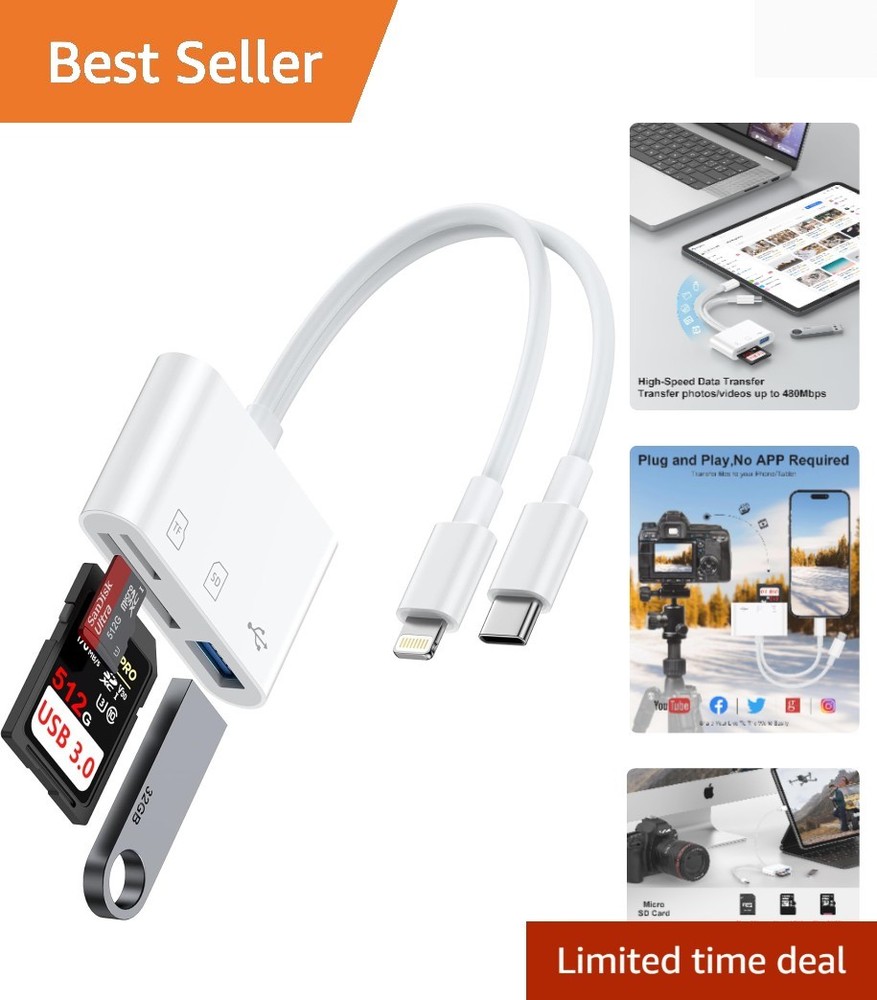 USB C & Lightning SD Card Reader - High-Speed 512GB Capacity for iPhone & iPad