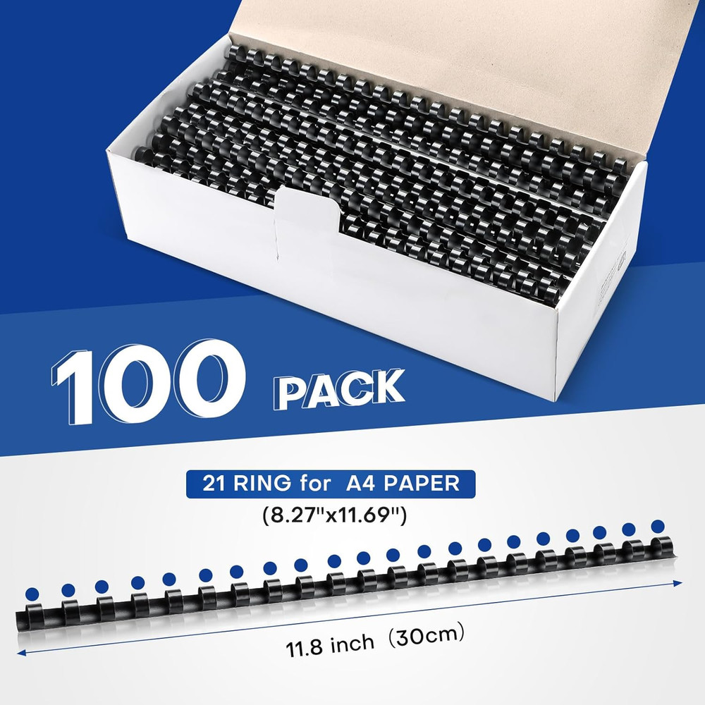 100 Pack 21 Ring Plastic Comb Binding Spines | 3/8 Inch Diameter, 55 Sheet Ca...