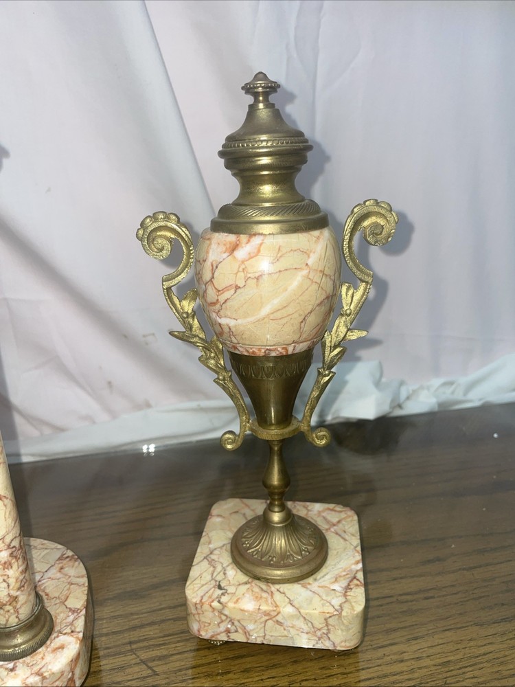 French Marble and Ormulo 5 Column Portico Clock Selsi Paris Three Piece Set
