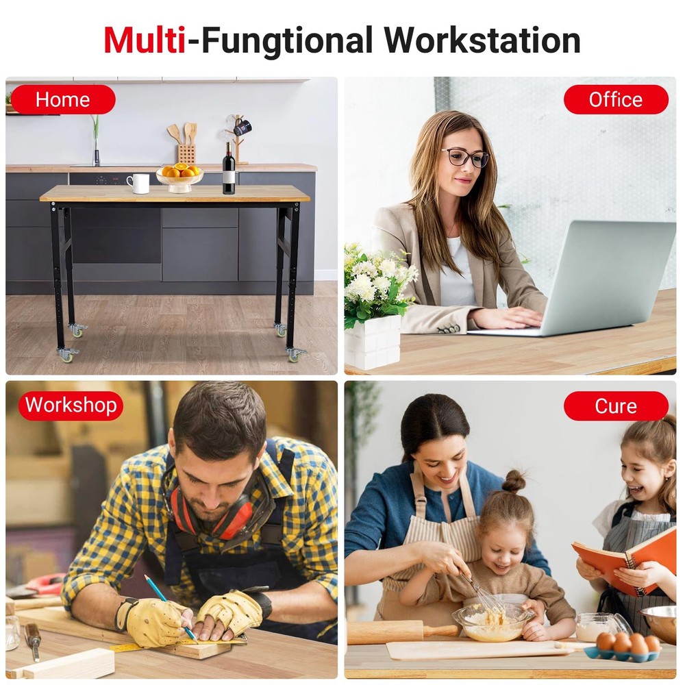 48"x24" Adjustable Workbench, Heavy Duty Work Bench Table with Pegboard & Wheels