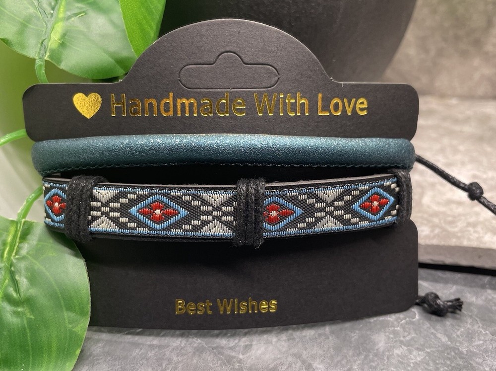2 PC PU Leather Bracelet Set Stackable Adjustable Tie New Free Ship B3411