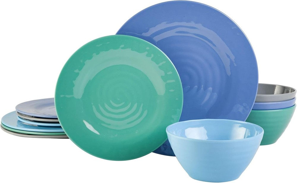 Brist Melamine Plastic Dinnerware Set Service Four 12pcs Blue