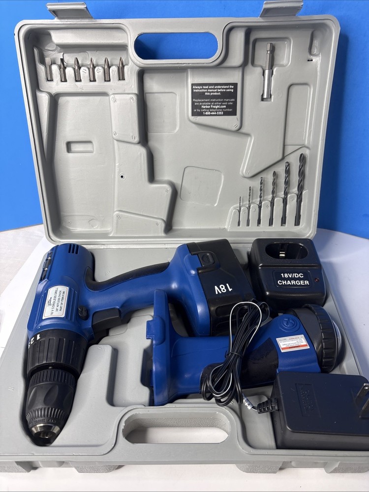 Drill Master 18V Cordless Drill & Flashlight Set w/Battery, Charger, Bits, Case