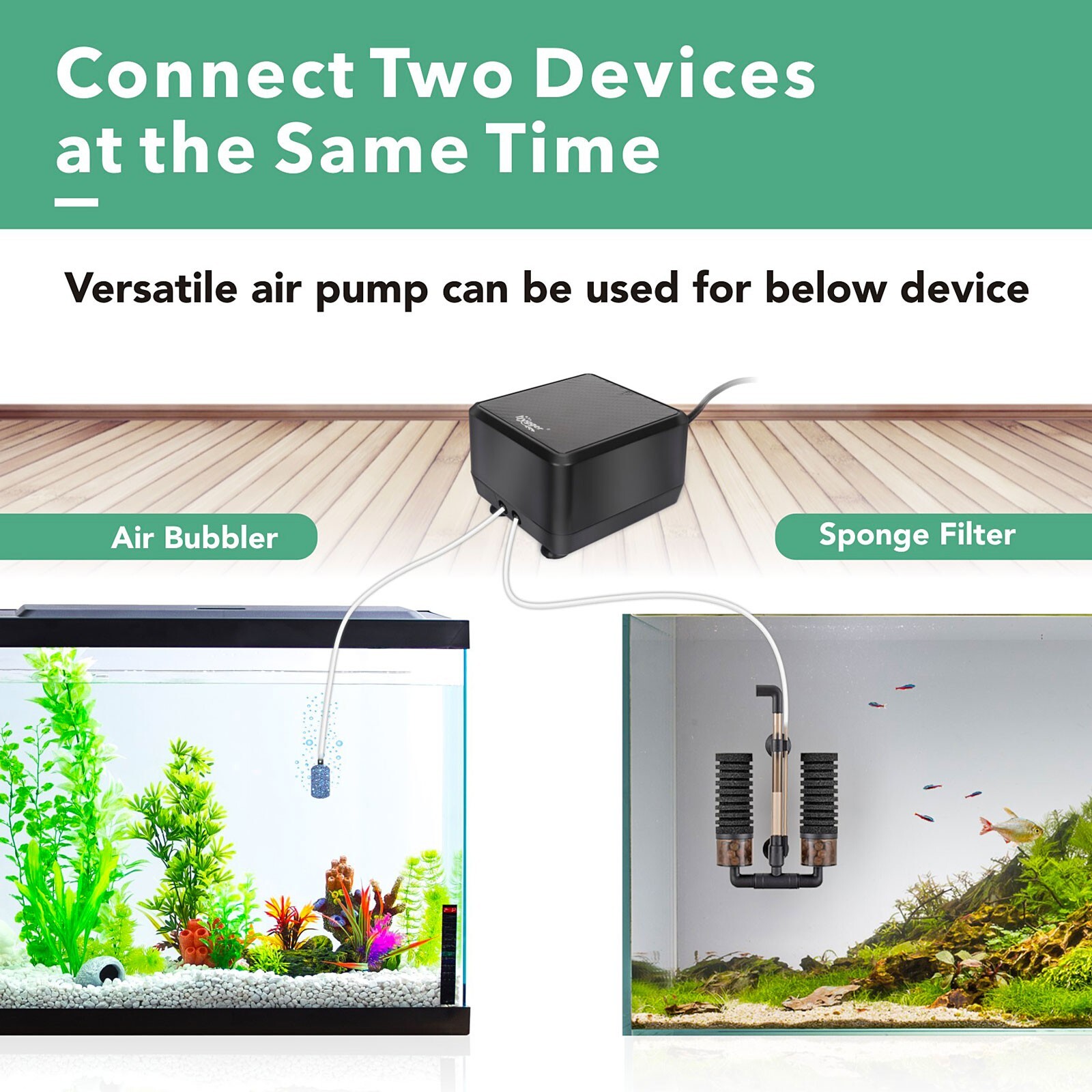 hygger Adjustable Eco Air Pump Ultra-Quiet 2 Ports 5W/10W Up to 600 Gallon Tank