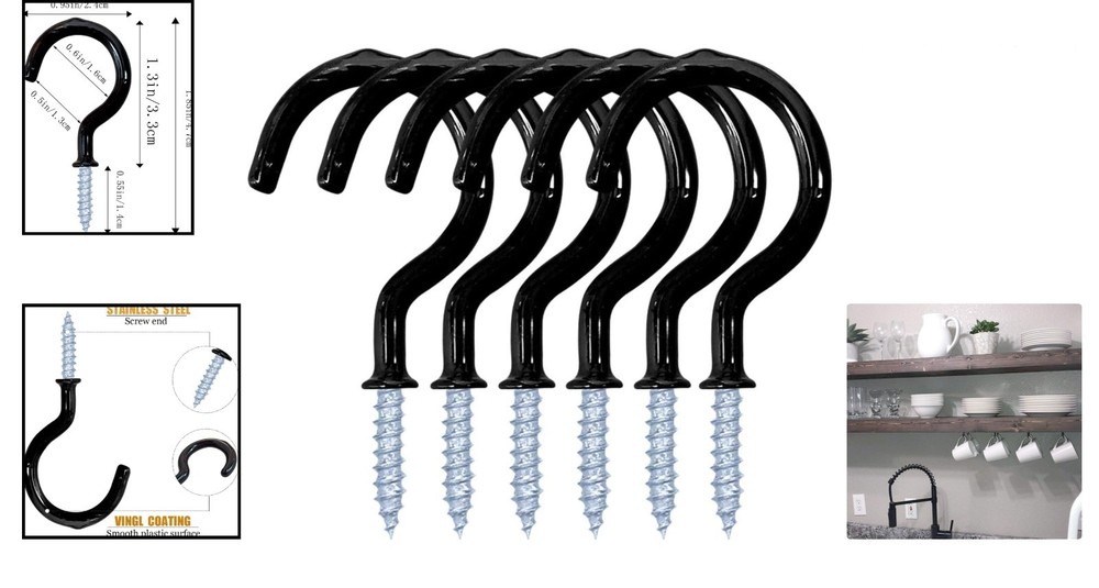 Multi-Functional Screw-In Ceiling and Wall Hooks - 12 Black Vinyl Coated Hooks