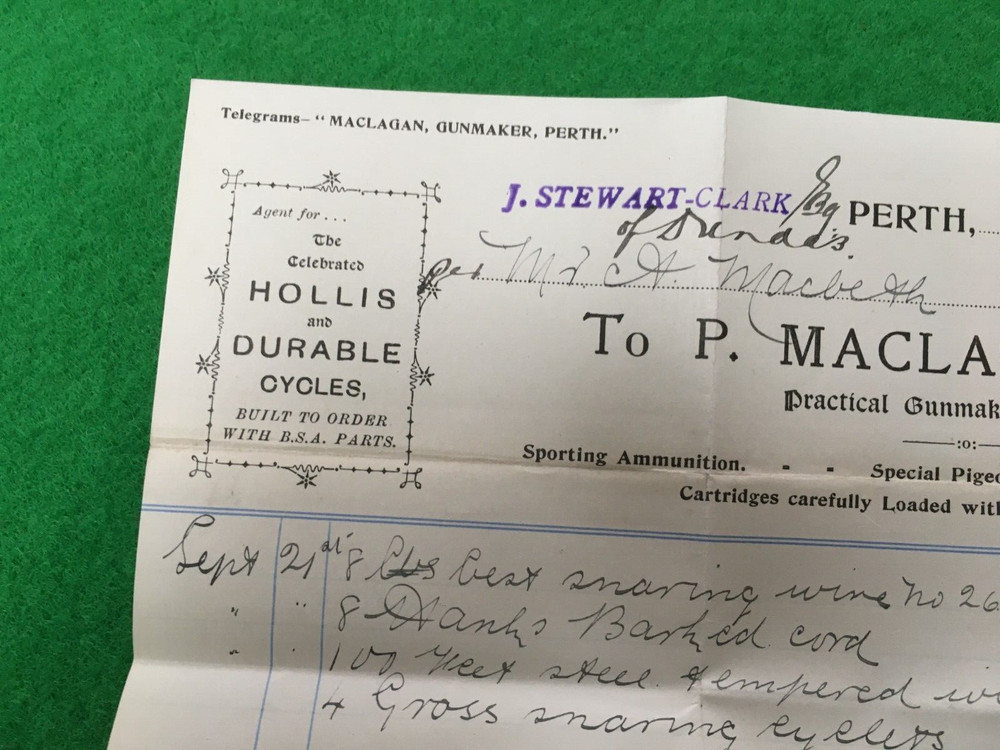 MACLAGAN GUNMAKER PERTH 1909 -- ACCOUNT 16/20 CM