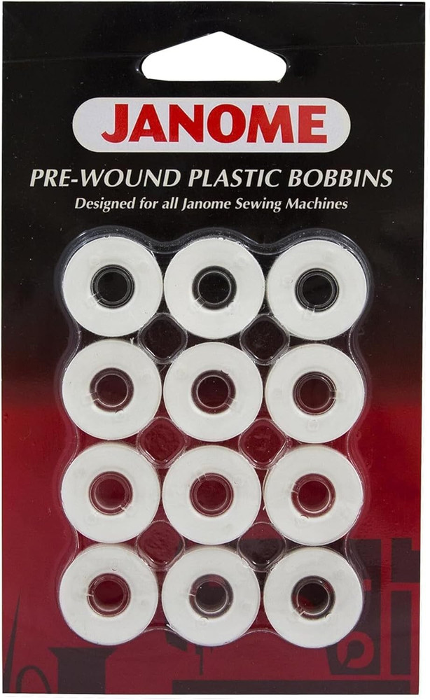 Janome 12 Pack Pre-Wound Plastic Bobbins White Thread 80 Yards Polyester