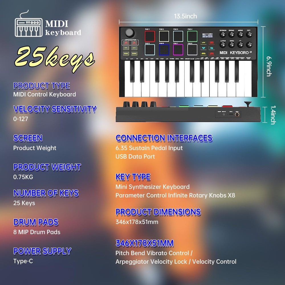 MIDI Keyboard Controllers，25-Key USB MIDI Keyboard with Backlit Drum Pads, Kn...