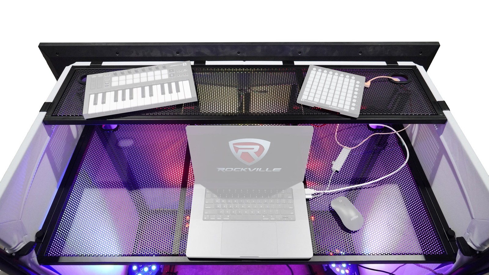 Rockville ROCKBOOTH PRO PACK DJ Booth Table Facade w/70" TV Mount+Lighting Truss