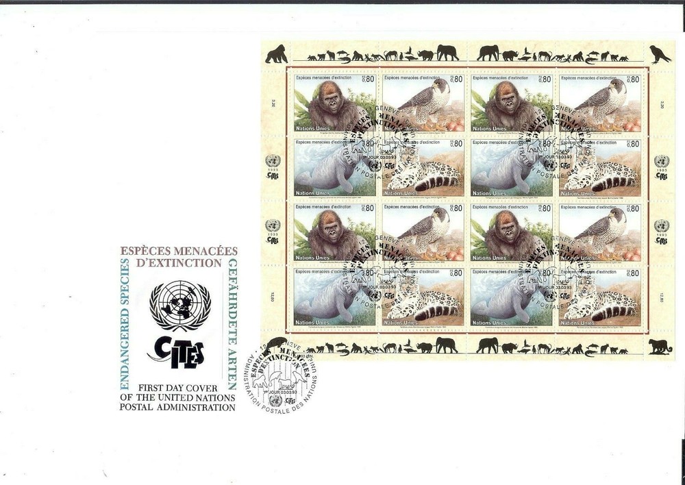 1993 Endangered Species Large FDC - Full Sheet - Geneva Office - UNPA Cachet