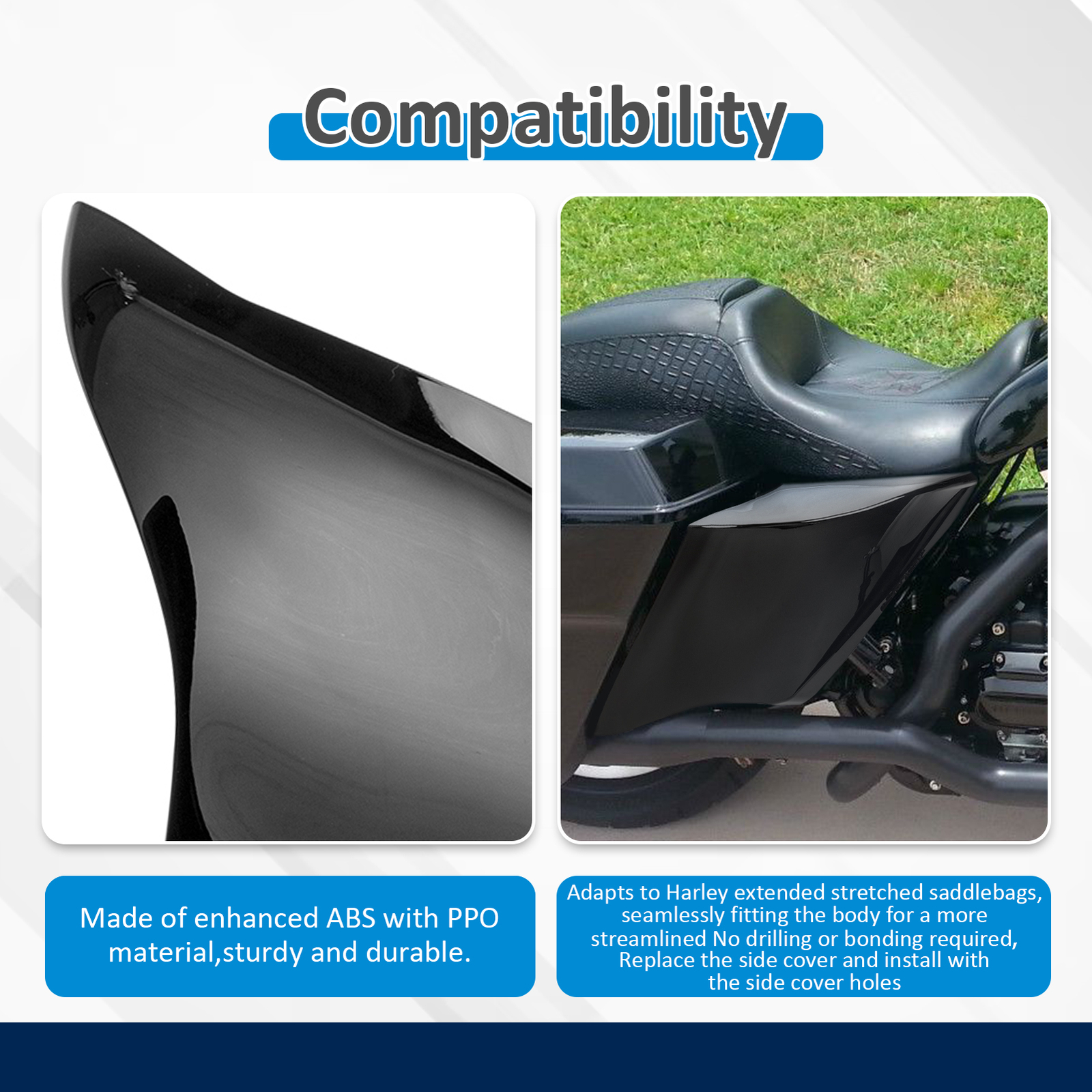 Stretched Extended Side Cover Panel Black For Harley Touring FLT FLH 2014-2024