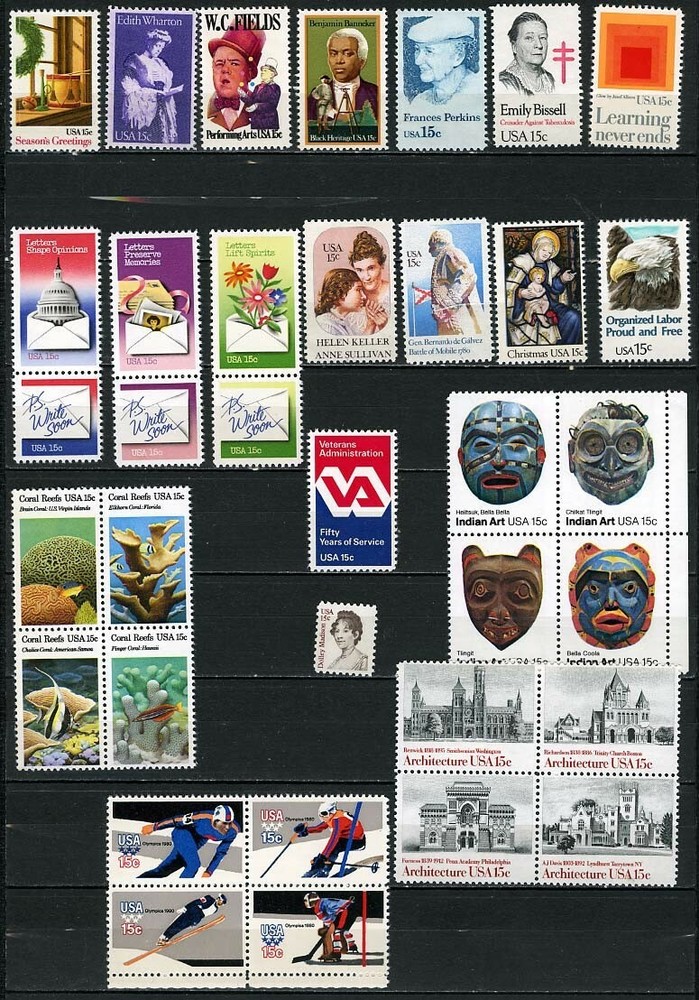 1980 MNH Commemorative Stamps Including Letter Writing Issues - 35 Total Stamps