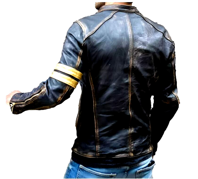 Men's Leather Jacket Motorcycle Distressed Café Racer Black Genuine Lambskin