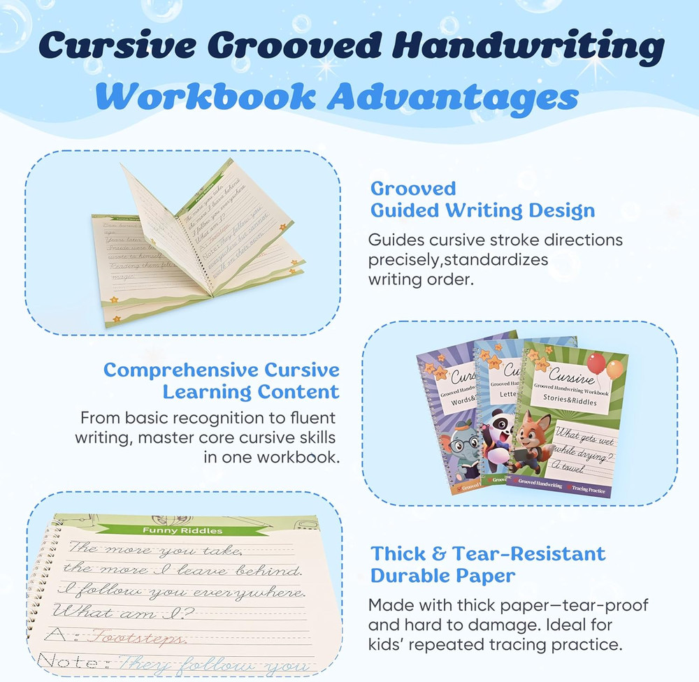 AALGO 3 Pack Grooved Cursive Handwriting Workbook,Reusable Cursive Letter Tracin