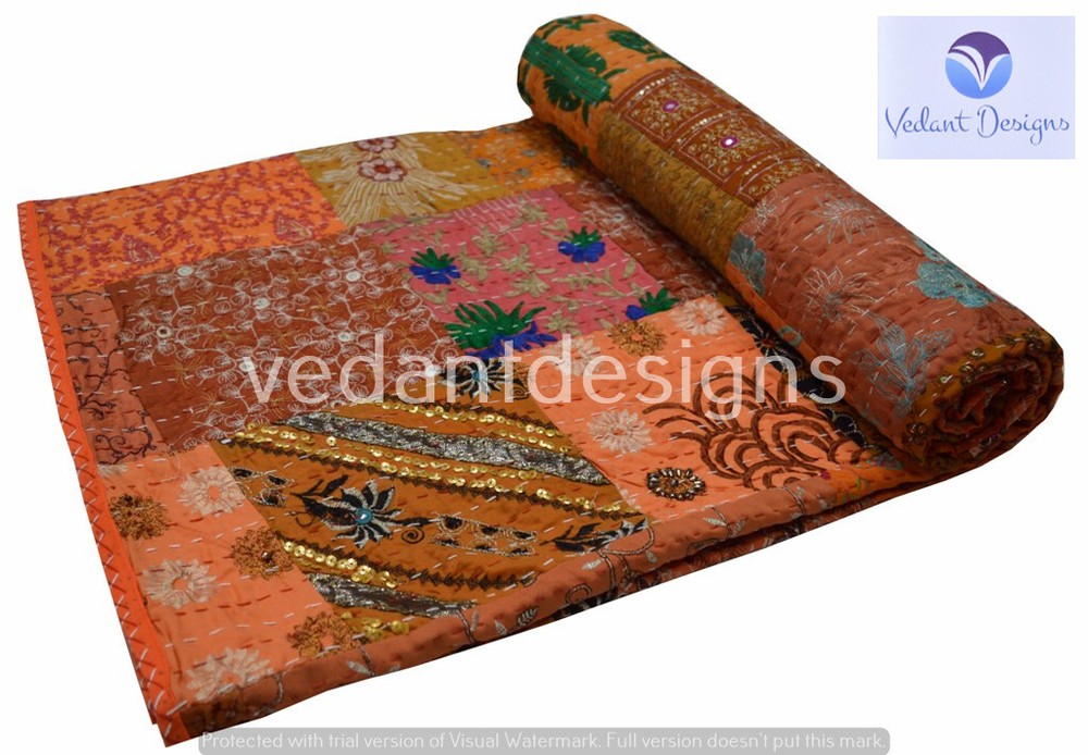 Indian Embroidery Kantha Quilt Bedspread Patchwork Throw Cotton Multicolor